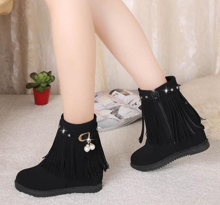 

women Breathable classic elegant fashion flock warm boots cancise pumps winter Soft and comfortable wedges women casual boots, Black