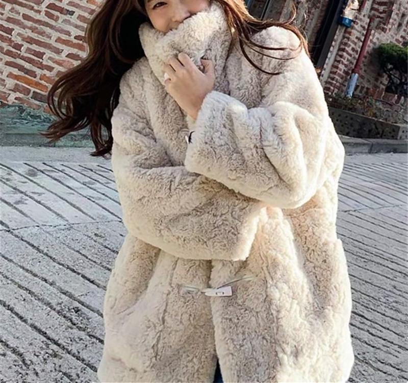 

2021 winter imitation lamb velvet fur coat ladies stand-up collar fashion Faux rex plush Jacket, White