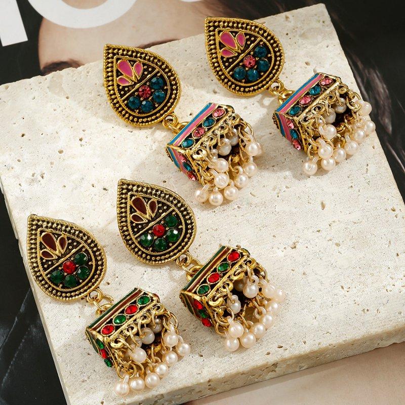 

Dangle & Chandelier Ethnic Corful Crystal Beads Tassel Jhumka Earrings For Women Vintage Gold Alloy Bohemian Flower Drop