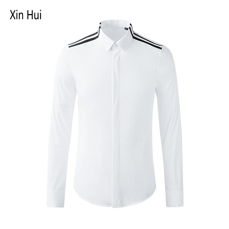 

Men's shirts popular new style collar shoulder parallel bars ribbon stitching men's shirt long sleeve high quality shirt, Black