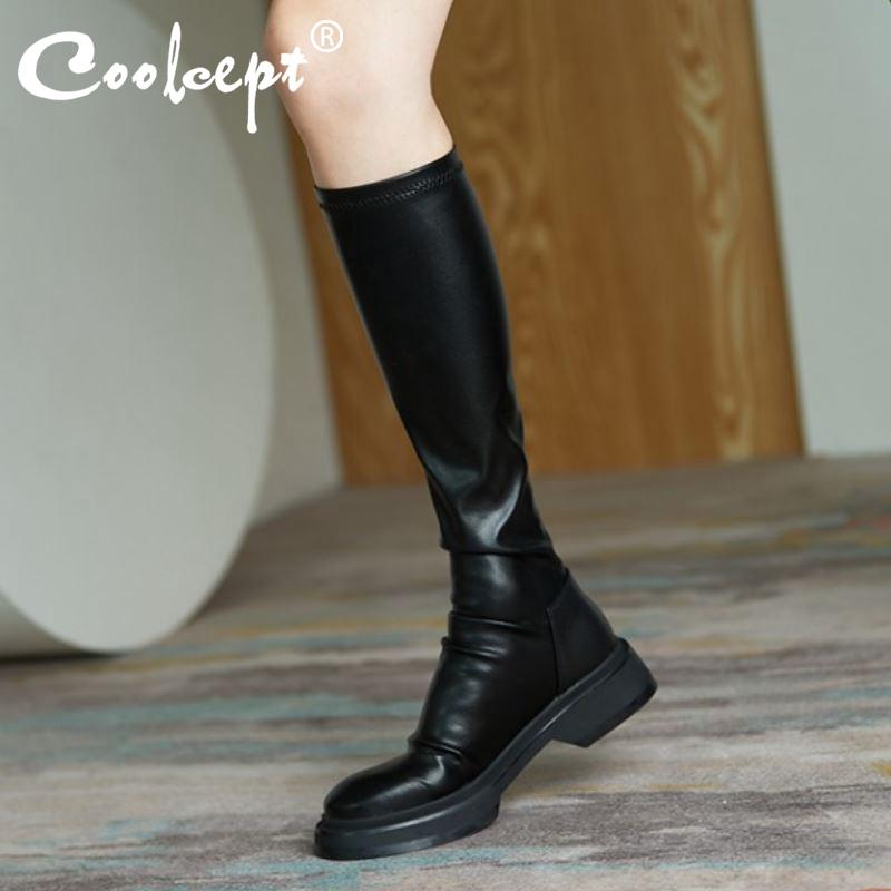 

Coolcept Women Knee High Boots Thick Bottom Real Leather Women Long Boots Fashion Cool Winter Shoes Wen Footwear Size 34-39, Black shaft 22 cm