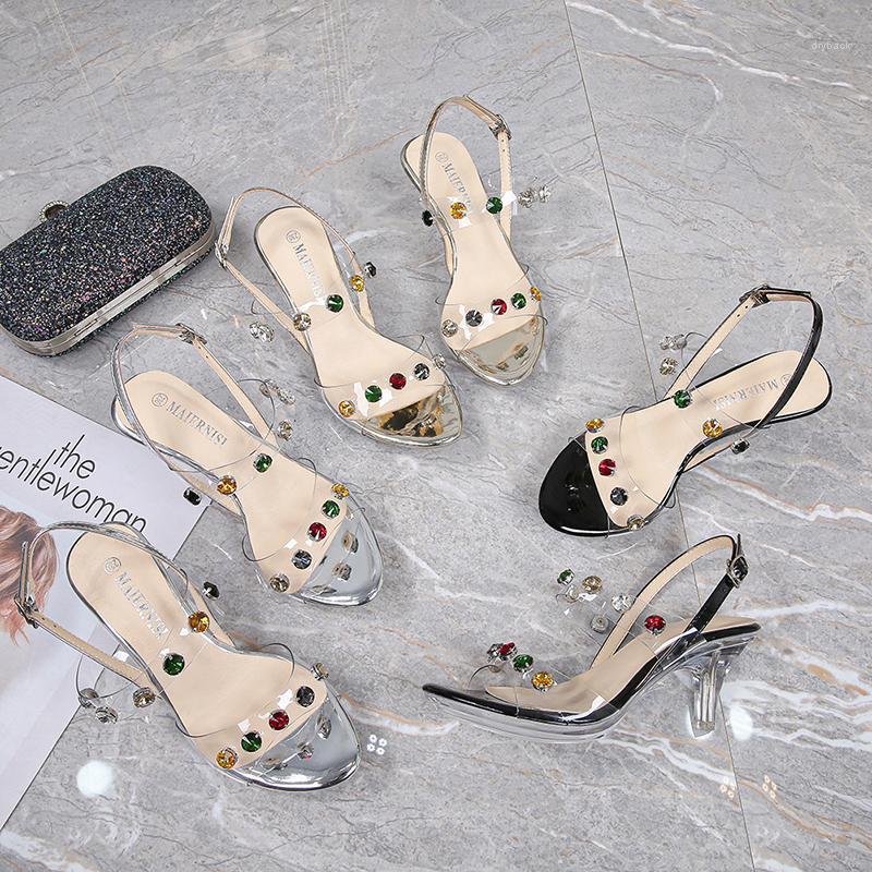 

Transparent color sandals Japanese and Korean Chinese heel women's sandals casual diamond decoration transparent crystal1, Black