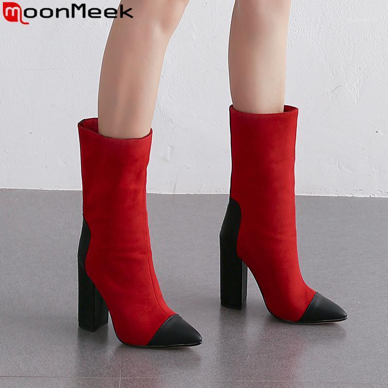 

MoonMeek 2020 new mid calf boots women pointed toe mixed colors ladies boots thick high heels autumn winter big size 34-431, Black