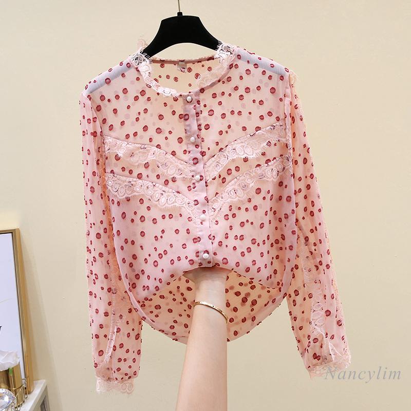 

2021 Spring Autumn New Lace Ruffled Stand Collar Chiffon Shirt Women' Long Sleeve Pink Polka Dot Blouse Girls Lady' Tops