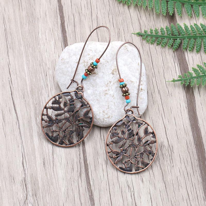 

Vintage Hollow Round Green Leaf Pendant Hoop Earrings for Women Ethnic Bohemia Flower Beads Wing Drop Ear Cuff Earrings Hoop
