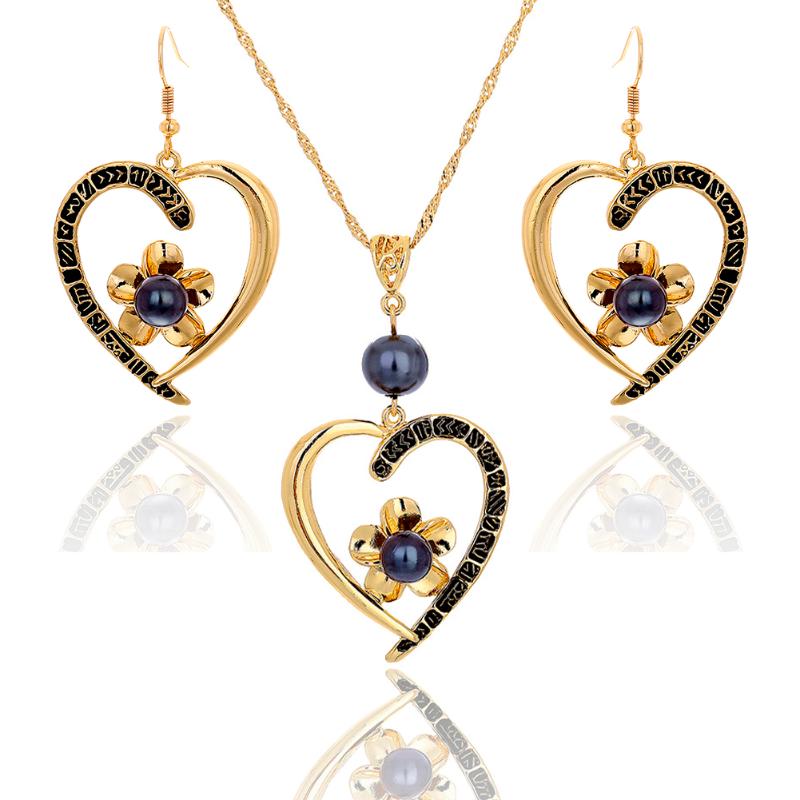 

Earrings & Necklace SophiaXuan Heart Earring And Set Jewelry Sets Fashion Hawaiian For Women Gold Plated Peal Flower High Quality, Silver