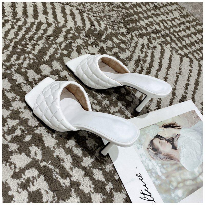 

Women 2020 Design slippers Elegant Square Toe Thin High Heels 9CM Slippers Summer Outdoor Beach Slides Shoes1, Black