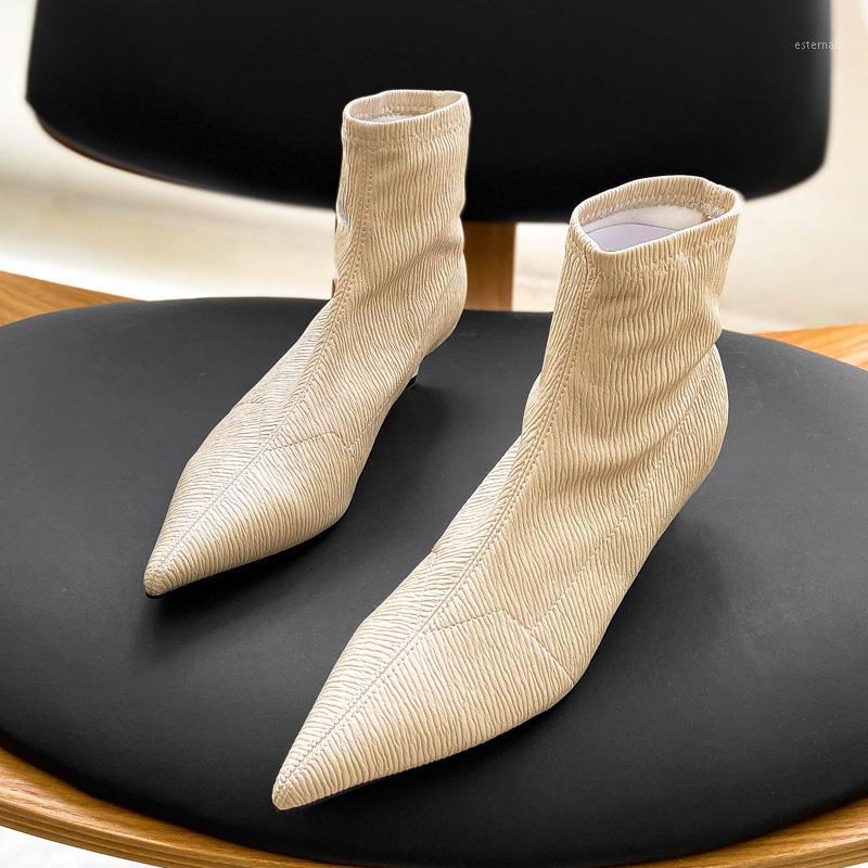 

DEAT 2020 New Spring Winter Fashion Casual Solid Color Pointed Elastic High-heeled Shoes Medium Heel White Boots Women SF8841, Black