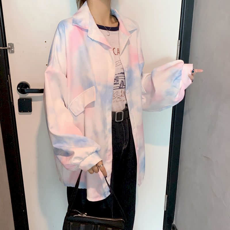 

New Oversized Shirts Top Women Blouses 2021 Autumn Korean Ins Harajuku Style Tie-dye Long-sleeved Loose-fitting Shirt Trend K9l6, Blue tie dye