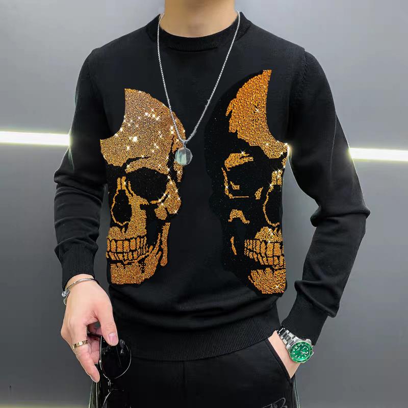 

New Woolen Clothes Knitted Long-Sleeved Warm And Comfortable Fabric Winter Men's Round Neck Sweater Hot Drill Skull, As shown asian size