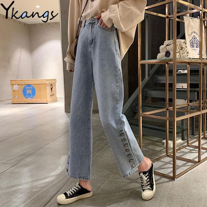 

Women Summer Buttons High Waist Wide Leg Denim Pants Mom Jeans Vintage Loose Straight Trousers Harajuku All-match Wild School1, Blue