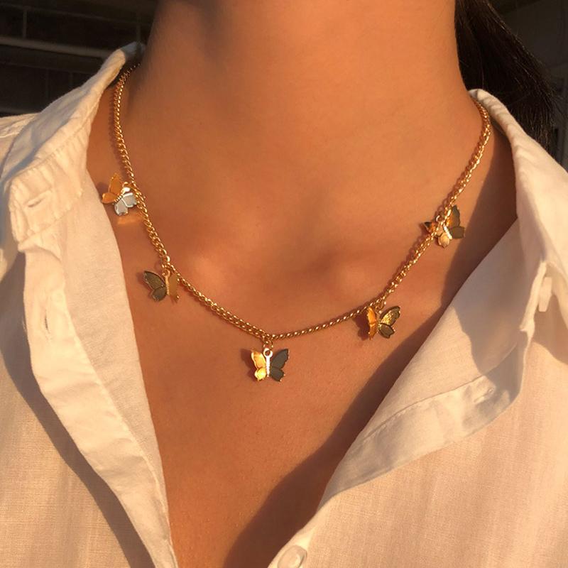 

Spaloria Cute Butterfly Pendant Necklace For Women Gold Chain Statement Collar Female Choker Best Shining Jewelry in