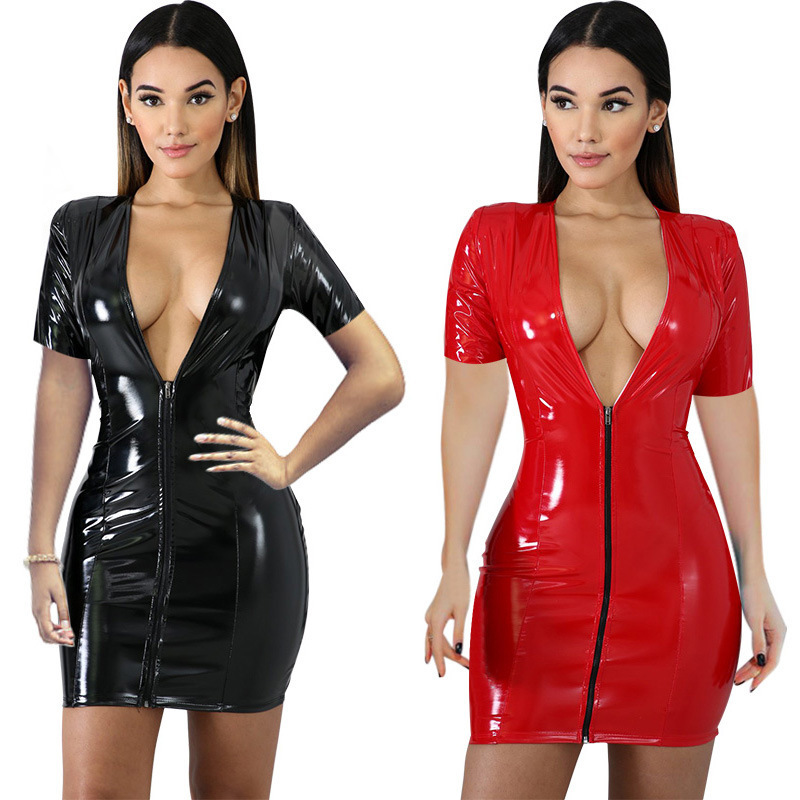 

Women Sexy Bodycon Leather Dress Short Sleeve Zipper Latex Club Wear Clothing Mini PU Leather Dress Fashion Skinny Y200120, White;black