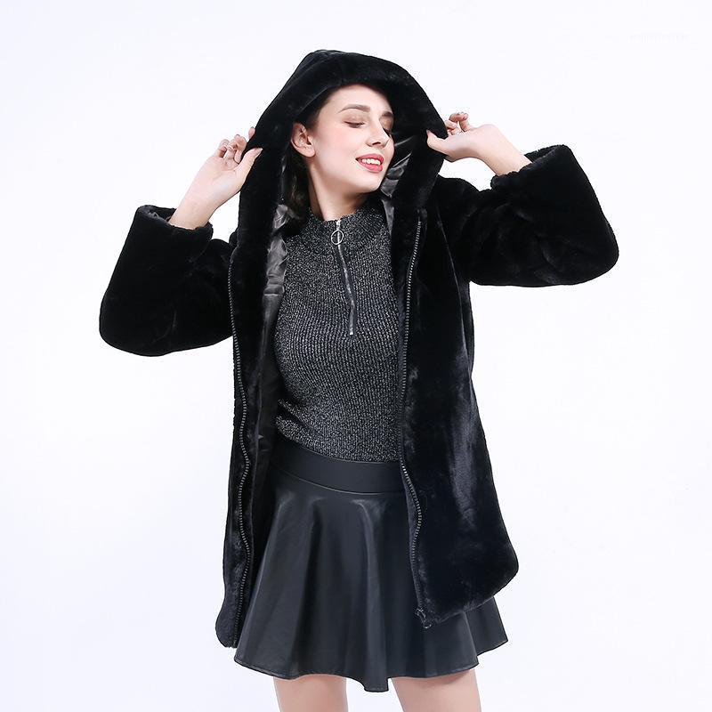 

Women' Faux Fur Coat Winter Warm Black Imitation Fur Long Hat Temperament Young Lady 2020 New Comfortable Brand Nv0181