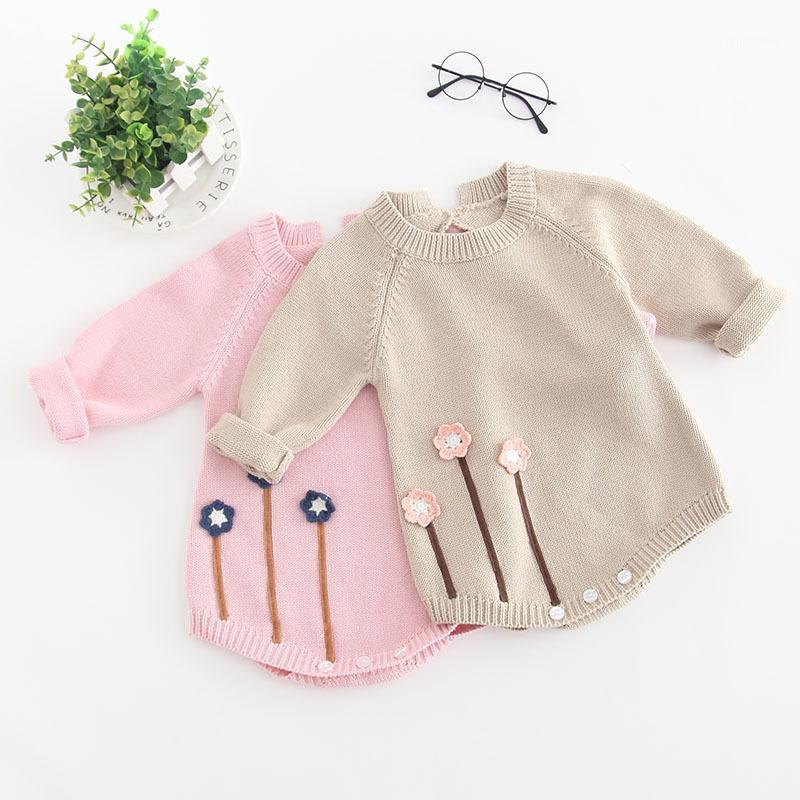 

Baby Girl Autumn Clothing New Arrival Babies' Knit Jumpsuit Handmade Flowers Sweater1, Khaki