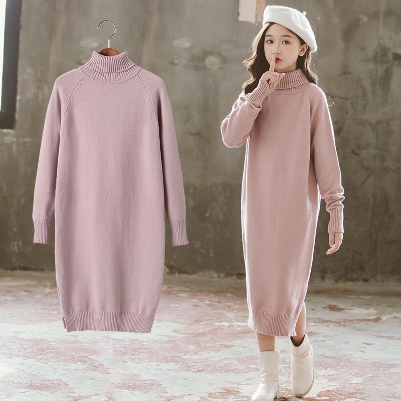 

New Arrival Long Sweaters Dress for Kids Girls Falll Children Clothing Teenage Turn-down Collar Sweaters Solid Color Knit Dress, Pink