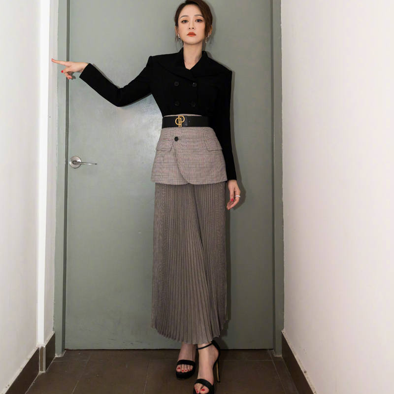 

New Autumn Classic Style Plaid Printing Sleeve Long Thin Belt Adjustment Tempers Plied Mid-length Dress of Women High Quality Clothes Fgxy, Navy blue.