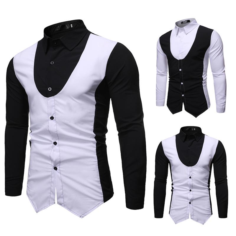 

Men' new brand fashion personality leisure business long sleeve stitching shirt men shirt men dress shirts long sleeve, Black