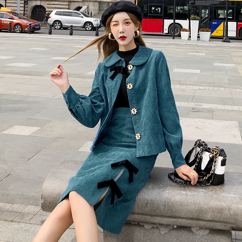 

inverno 2021 New terno das mulheres vintage cintura alta fenda mdio saia manga casaco veludo 2 peas y455 2ADM, Suit