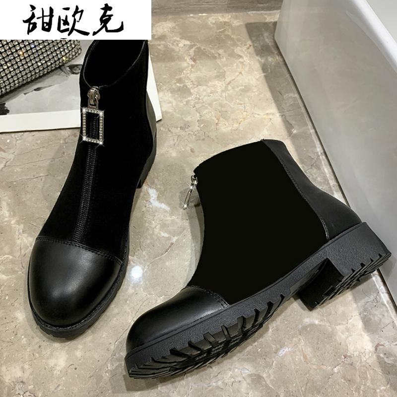 

2020 Autumn Winter New Boots Women British Style Fashion Simple Stitching Zipper Decoration Comfortable Casual Boots Square Heel, Black