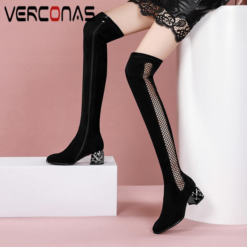 

VERCONAS Thick Heels Over-The-Knee Boots For Women Autumn Winter Shoes Woman Fashion Sexy New Mesh Side Zipper Tight High Boots, Blackr