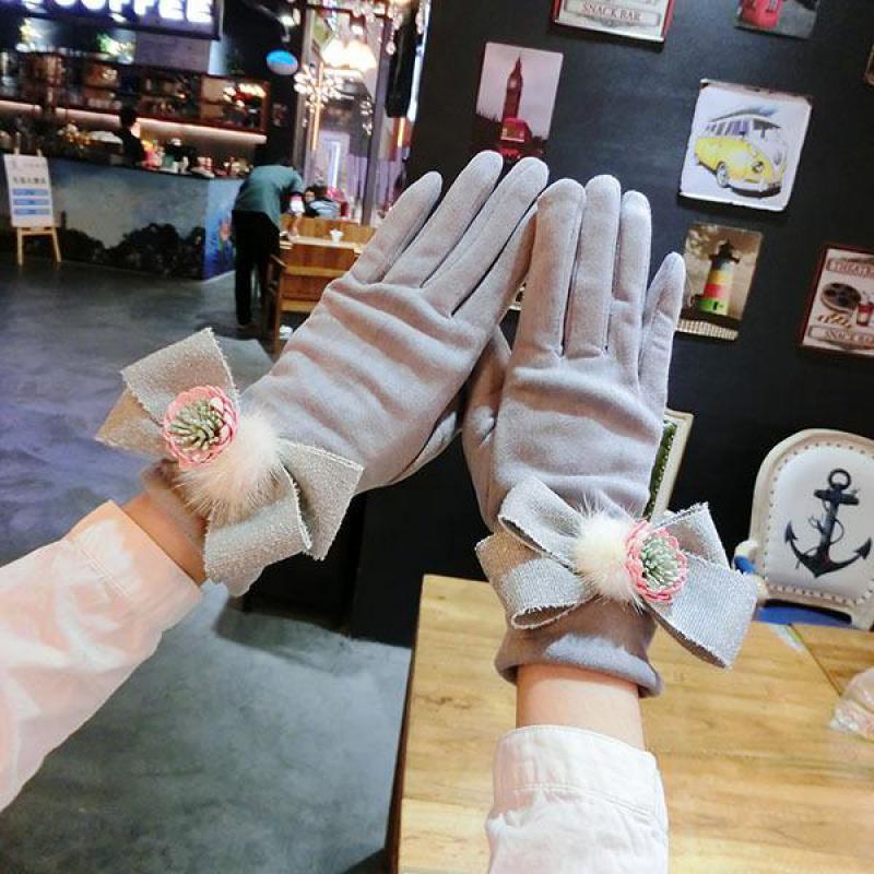 

Winter Women Gloves Fashion Ladies Touchscreen Gloves Warm Mitten Suede Big Bow Knot Flower Female AGL123