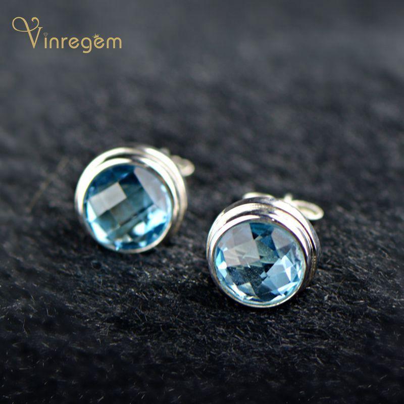 

Stud Vinregem 925 Sterling Silver Round Cut Blue Topaz Gemstone Wedding Engagement Romantic Studs Earrings For Women Fine Jewelry, Golden;silver