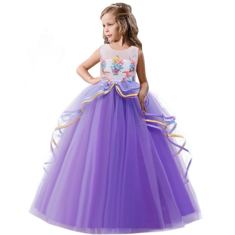 

Rainbow Cosplay Girl Dress Party Elegant Flower Lace Long Tutu Formal Ball Gown Princess Baby Dresses  7 8 12 14 Years