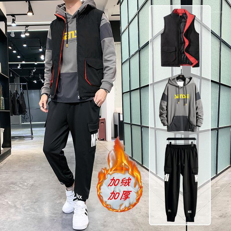 

Men Clothing 3 Piece Set Tracksuit Men Winter Sporting Suit Vest+ Hooded Sweatshirt+Pants Plus Velvet Thick Sportswear Homme1, 2-piece set orange