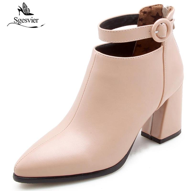 

Sgesvier Pu Leather Women Shoes Platform Zipper All Match Pointed Toe Winter Ankle Boots Women Motocycle Shoes Size 32-47 OX578, Beige