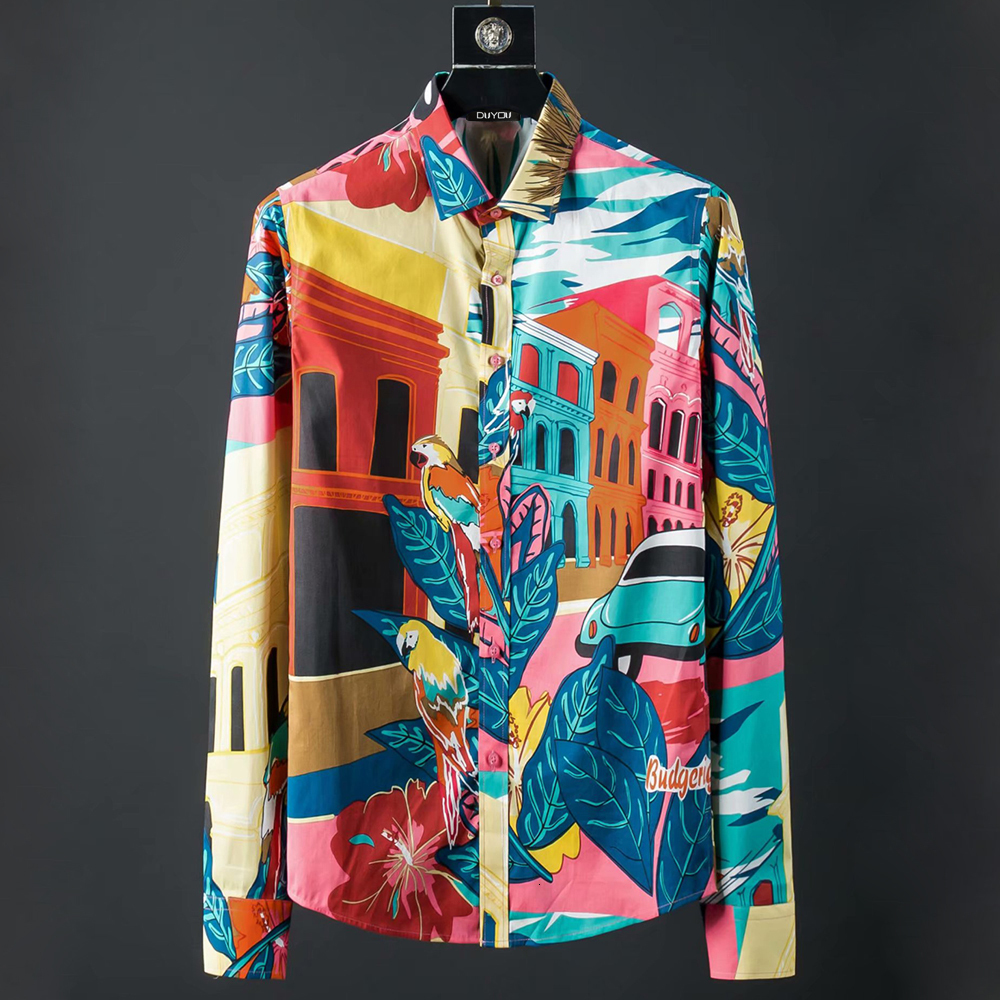 

100% Cotton Men Long Sleeve Mens Slim Fit Dress Shirt Male 3d Oil Painting Casual Shirts Bsyp, Multi