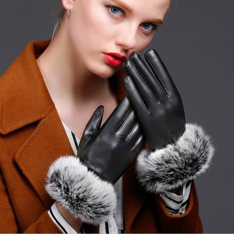 

New Fall Winter Female Gloves Outdoor Plush Warming Fur Imitation Leather Lady Mittens Women Touch Screen Hand Muff H3232