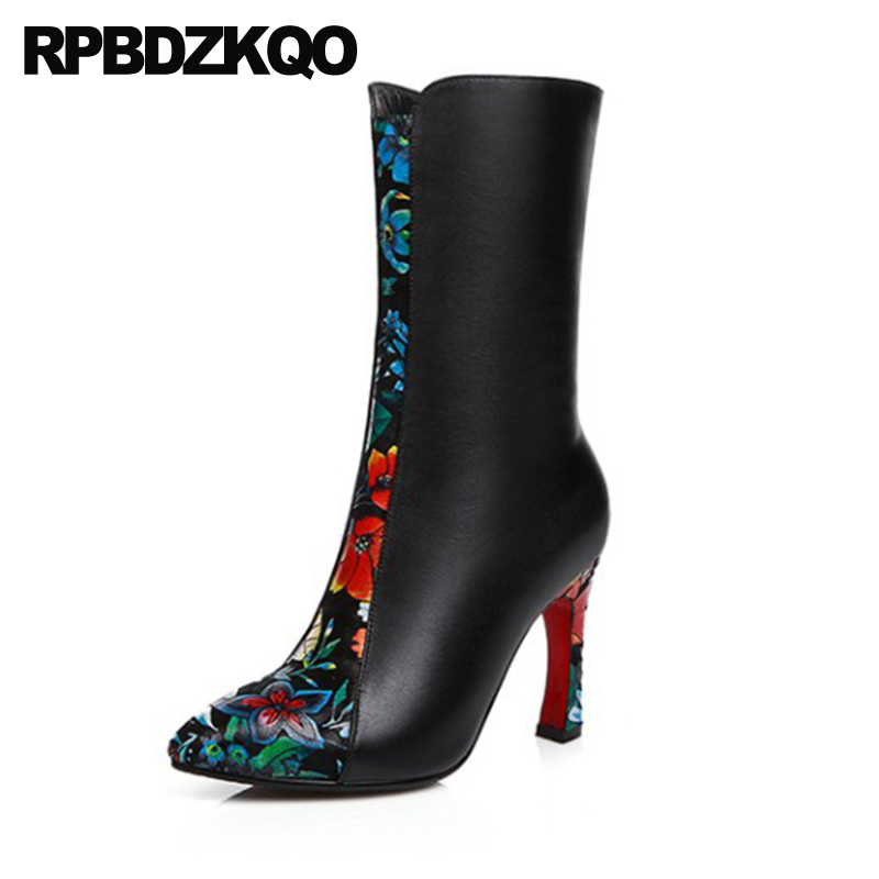 

chunky high heel women boots winter 2020 genuine leather brand black pointed toe flower trend floral print mid calf shoes sexy