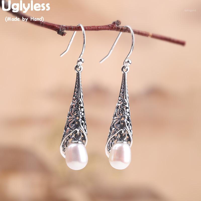 

Uglyless Thai Silver Ethnic Hollow Patterns Floral Earrings Women Natural Pearls Dangle Earrings Real 925 Silver Brincos E14811