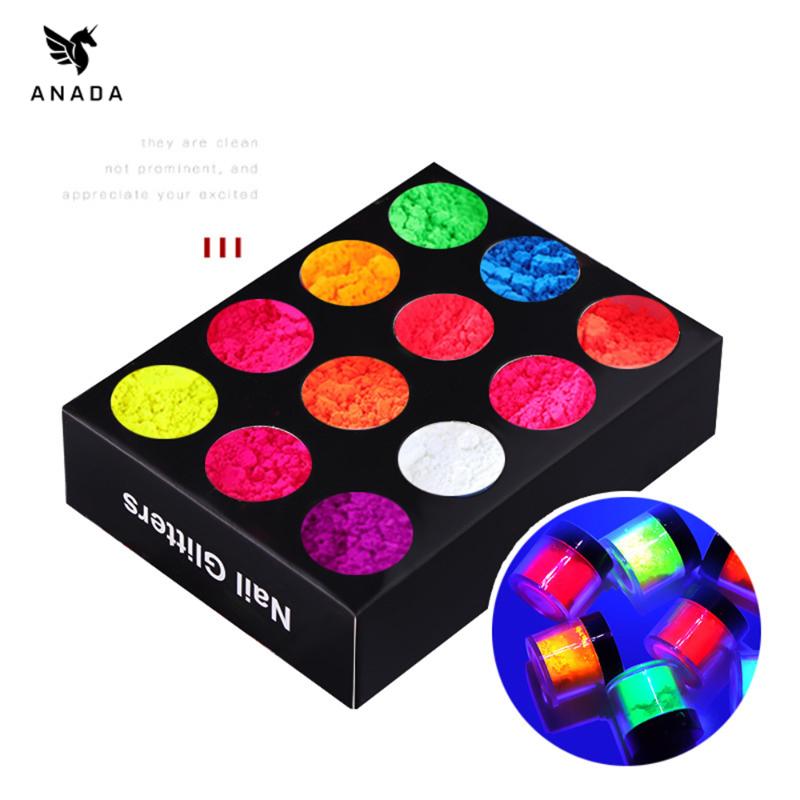

ANADA 12Boxes Neon Phosphor Powder Luminous Nail Glitter Powder Pigment Fluorescent Manicure Nail Art Set