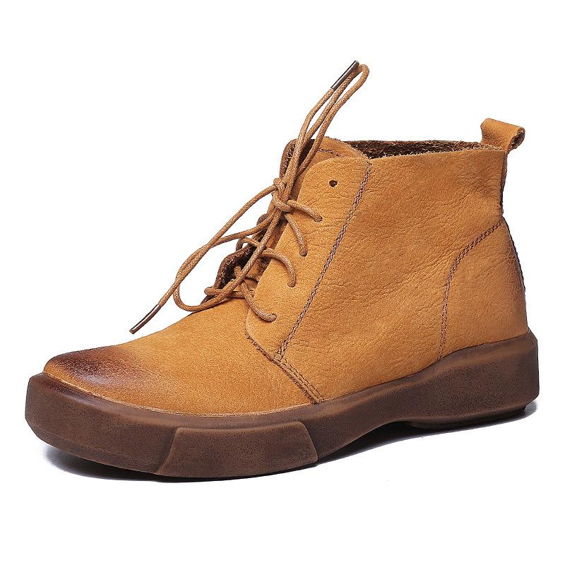 

6150-6 New Fashion Cowhide Leather Retro Women's Boot Art Style Naked Boots Handmade Shoe Soft Bottom Womens Shoes, Khaki