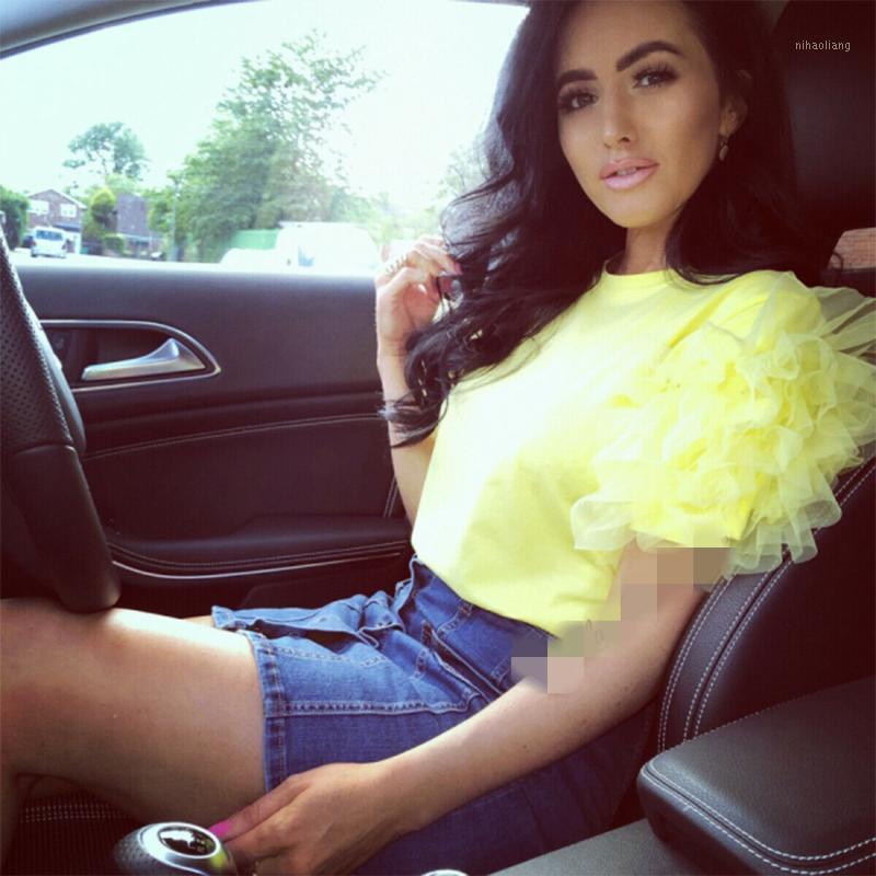

Elegant Women Summer Layered Lace Tulle Ruffle Short Puff Sleeve Shirt Ladies Loose Casual Blouse Top1, Yellow
