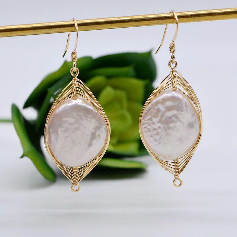 

Handmade drop earrings, white coin baroque pearls, gold tinsel winding, handmade, ladies pearl earrings