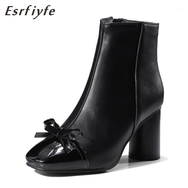

ESRFIYFE 2020 New Side Zipper Boots Woman Square Toe Ankle Botines Winter Thick High Heels PU Leather Flock Booties1, Black
