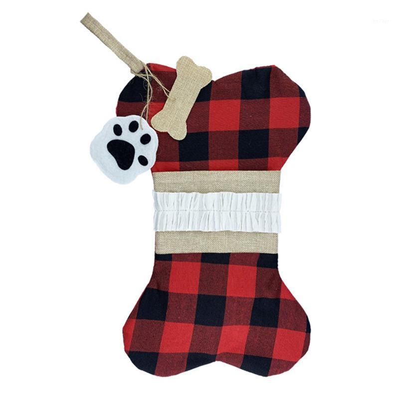 

Pet dog Christmas socks Burlap lattice big bone-shaped pet socks Christmas classic decoration garter pets holiday supplies1