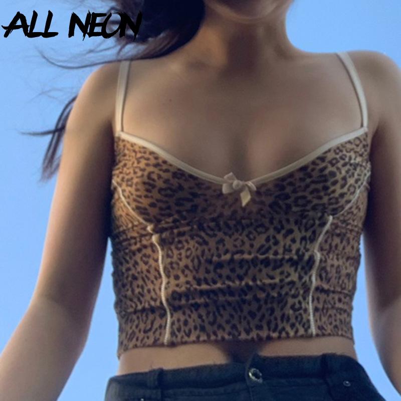

ALLNeon E-girl Aesthetics Leopard Printing V-neck Cami Tops Y2K Fashion Spaghetti Strap Backless Pattern Cropped Tops Bow Slim, Brown
