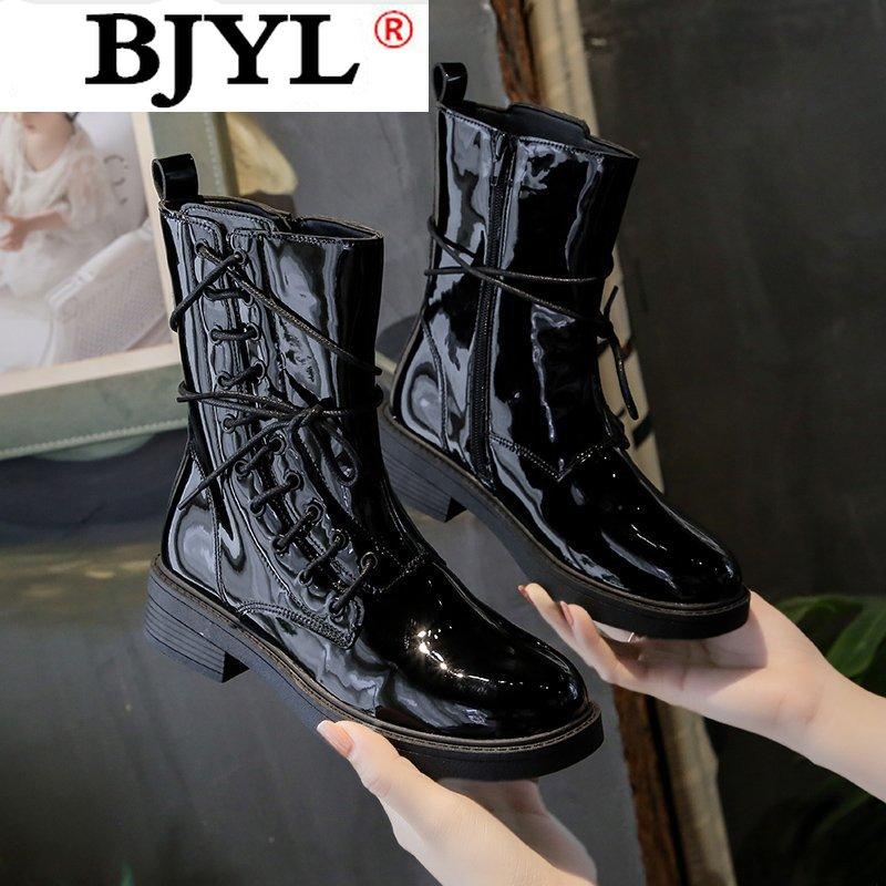 

2020 New Winter Fashion Ankle Boots Women Platform Solid Black PU Leather Motorcycle Boots Woman Lace Up Platform Casual