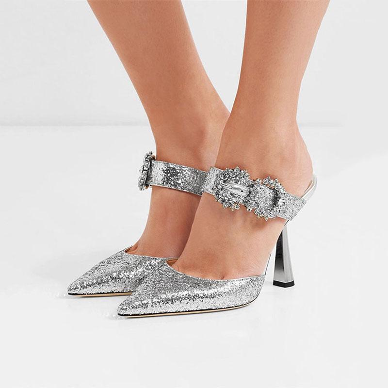 

2021 Rhinestone Sandals Women Buckle Strap High Heels Pointed Toe Ladies Shoes Zapatos De Mujer Metal Decor Summer Shoes Woman1, Black