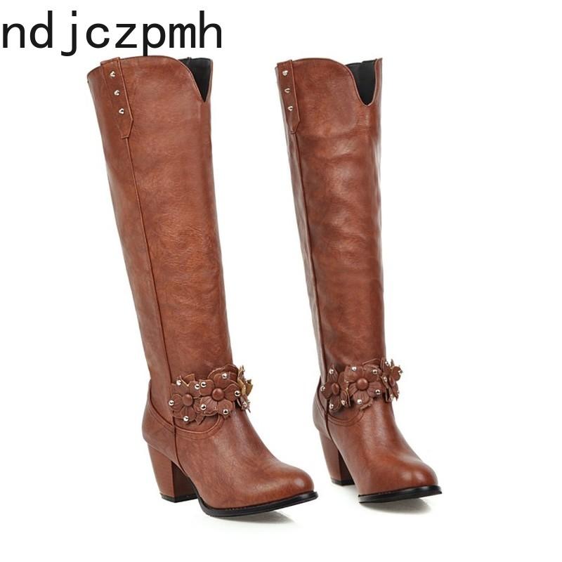 

Women's Boots New winter fashion Round head Flower Thick heel mid heel High tube Women's shoes plus size 34-48 Height 6cm, Orange