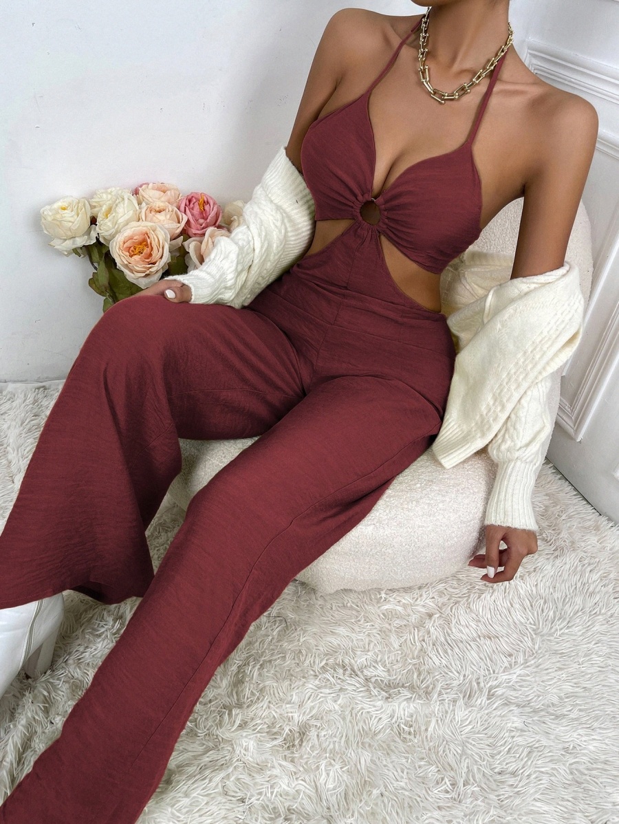 

Ring Linked Cut Out Tie Backless Halter Jumpsuit 45K2#, Maroon