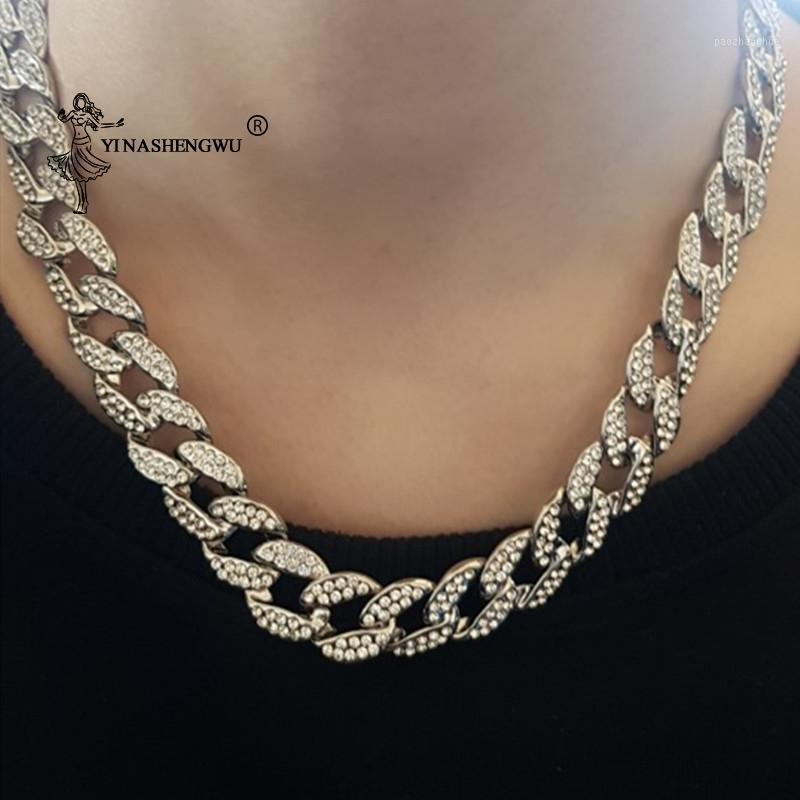 

Hip Hop Iced Out Paved Rhinestones 30cm-7cm Gold Miami Curb Cuban Chain CZ Bling Rapper Necklaces For Men Jewelry Chains, Silver