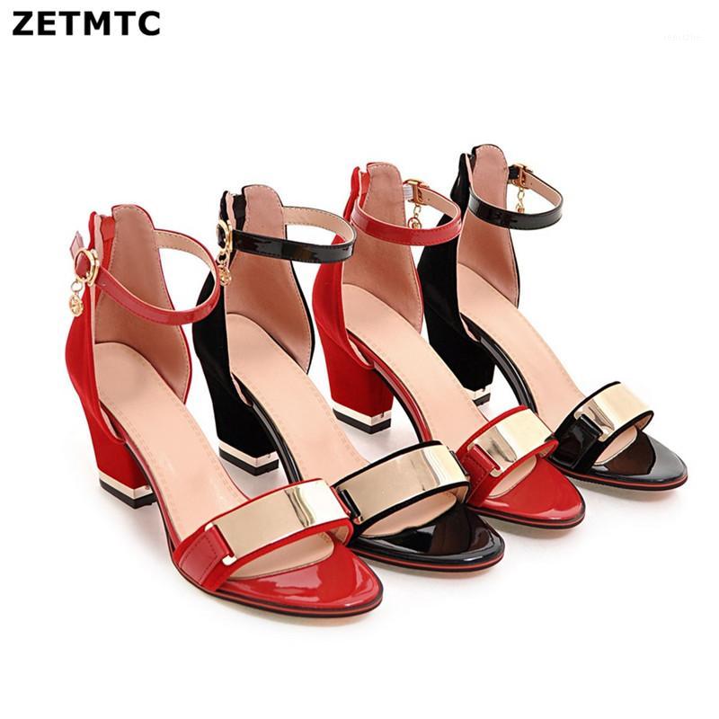 

Big Size 6cm Medium High Thick Block Heels Women Sandals Flock Open Toe Casual Party Ankle Cross Strap Summer Black Ladies Shoes1, Red