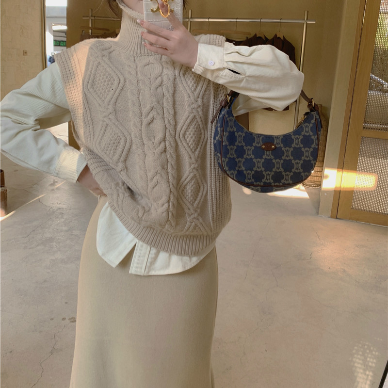 

2021 New Solid Female Matching Assemblies Turtleneck Knitting Vest Velvet Long Sleeve Mid-calf To-line Shirts Skirt 3 Play Joint Autumn K1N8, Apricot