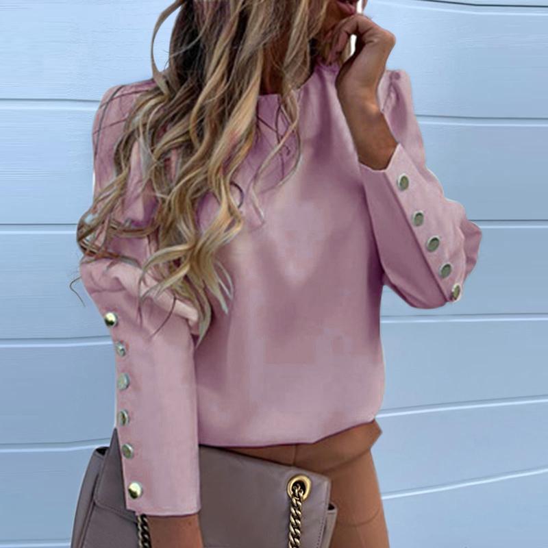

2020 New Puff Shoulder Blouse Shirts Office Lady Summer Metal Buttoned Blouses Women Pineapple Print Long Sleeve Tops