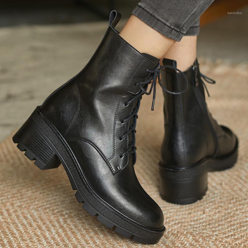 

Women's genuine leather gradient color thick med heel lace-up autumn ankle boots retro punk motorcycle short boots shoes1, Black
